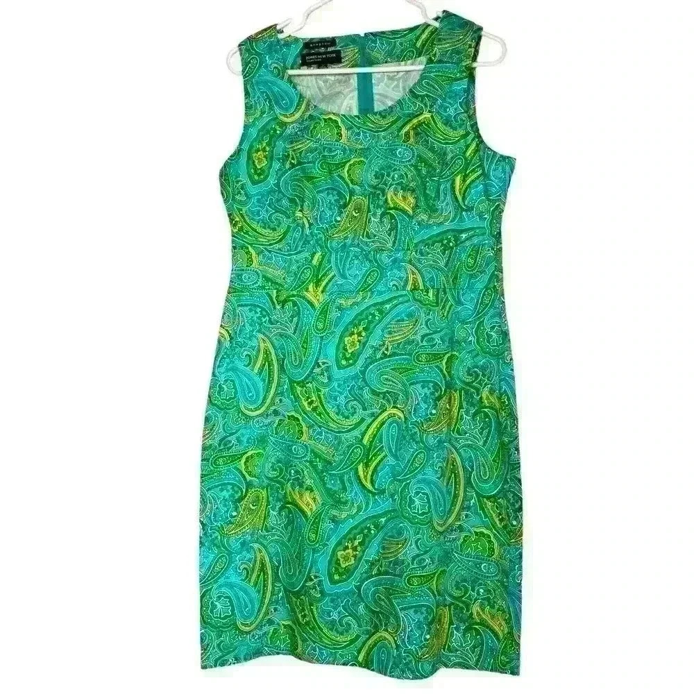 Jones New York Signature Green Teal Yellow Paisley Sleeveless Dress - Sz 10